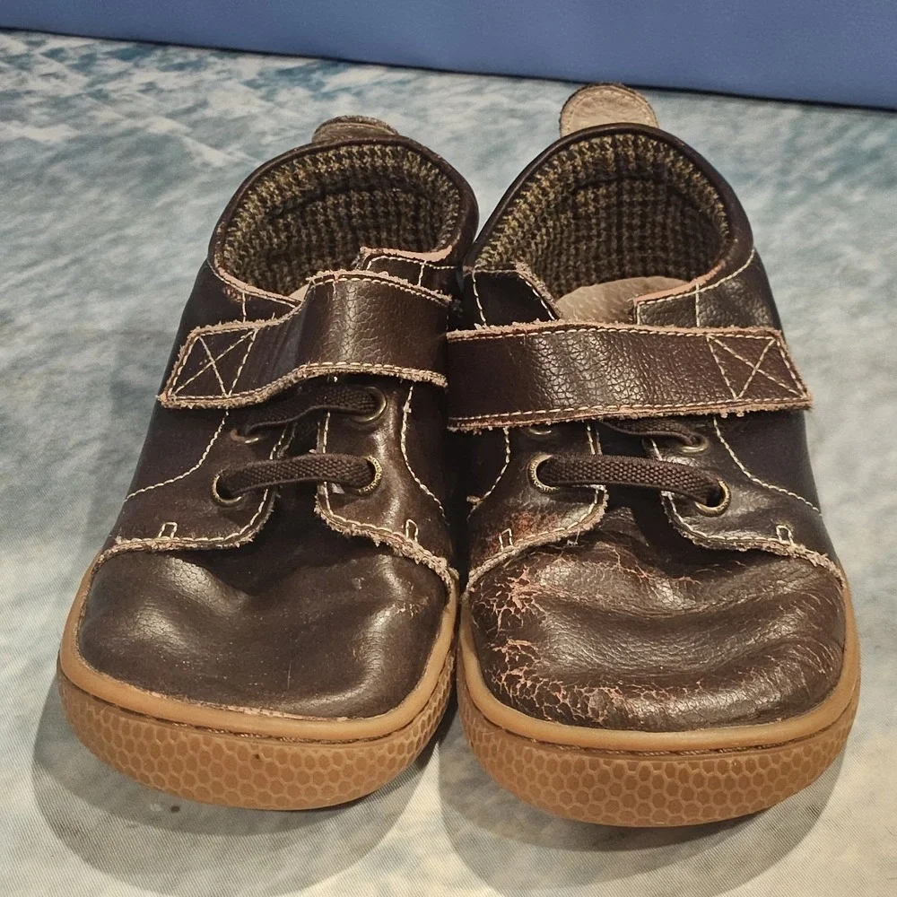 Livie & Luca Boys Brown Leather Hook &‎ Loop Shoes Size 12 Fair